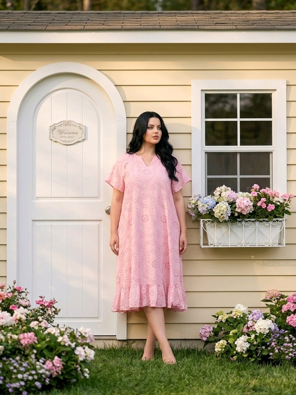 Pink Short-sleeve Midi Dress All-Over Floral Eyelet Lace Pattern, Ruffled Hem